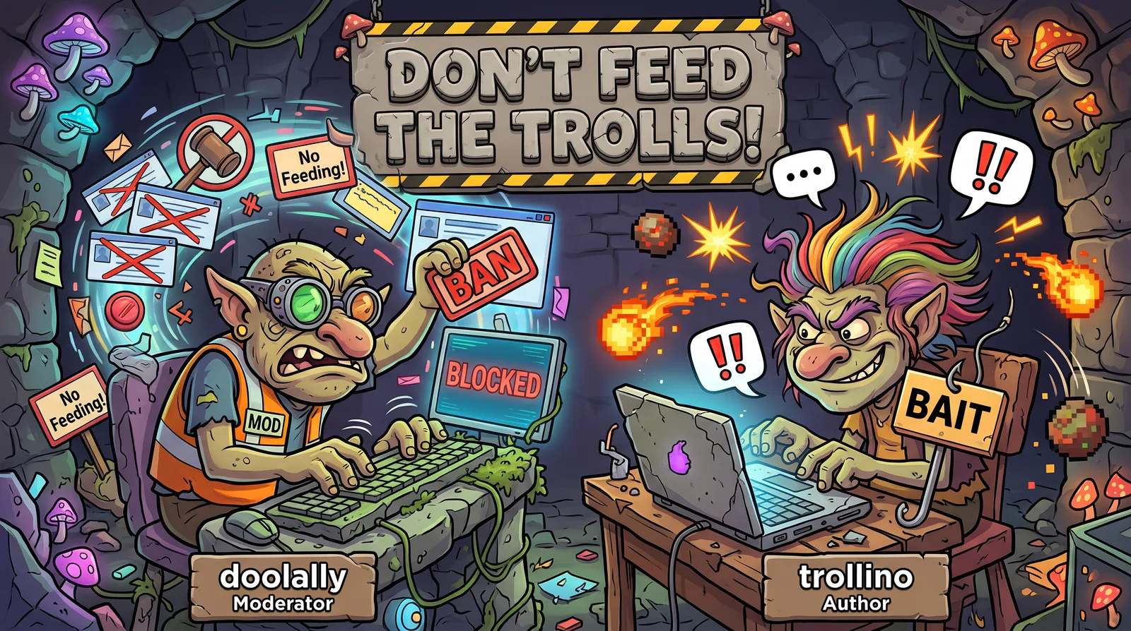 Doolally the moderator in a safety vest holds a BAN sign while Trollino the author, with rainbow hair, types on a stone laptop with BAIT attached.